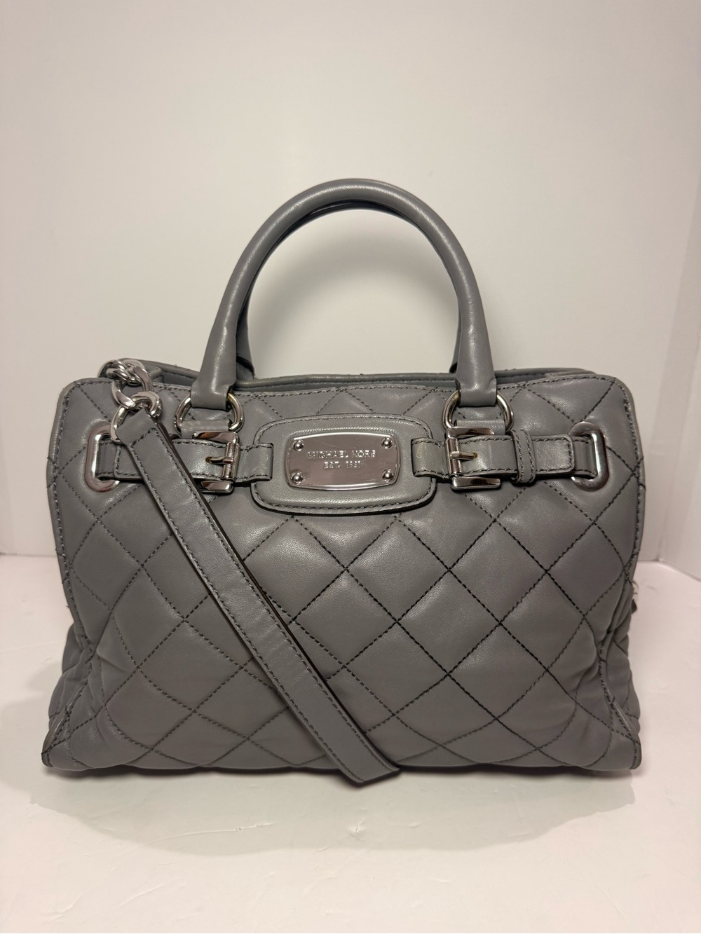 Michael Michael Kors Gray Quilted Leather Satchel Crossbody - Picture 13 of 14